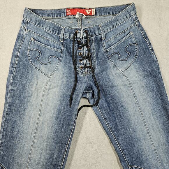 Vintage Guess Bootcut Jeans Womens Size 32 Y2K Lace Up Fly Blue Jeans Cowgirl - Picture 2 of 13